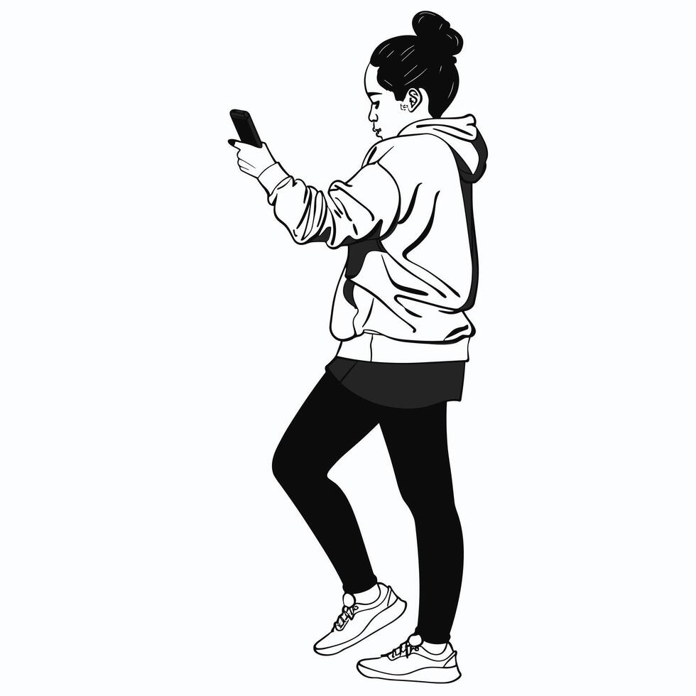 Side profile of young Asian woman in casual attire using smartphone, depicted in minimalist black and white line art style. vector
