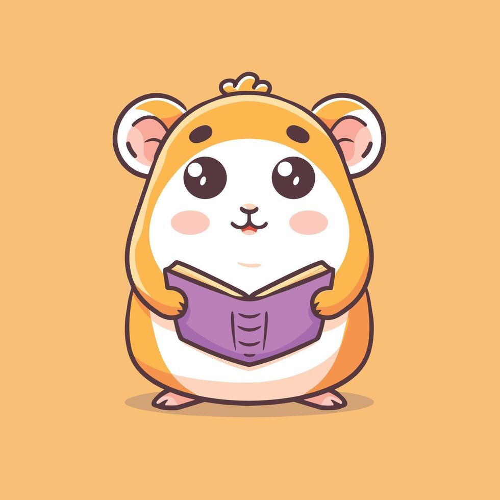 Adorable cartoon hamster holding a book with a happy expression on a beige background. vector