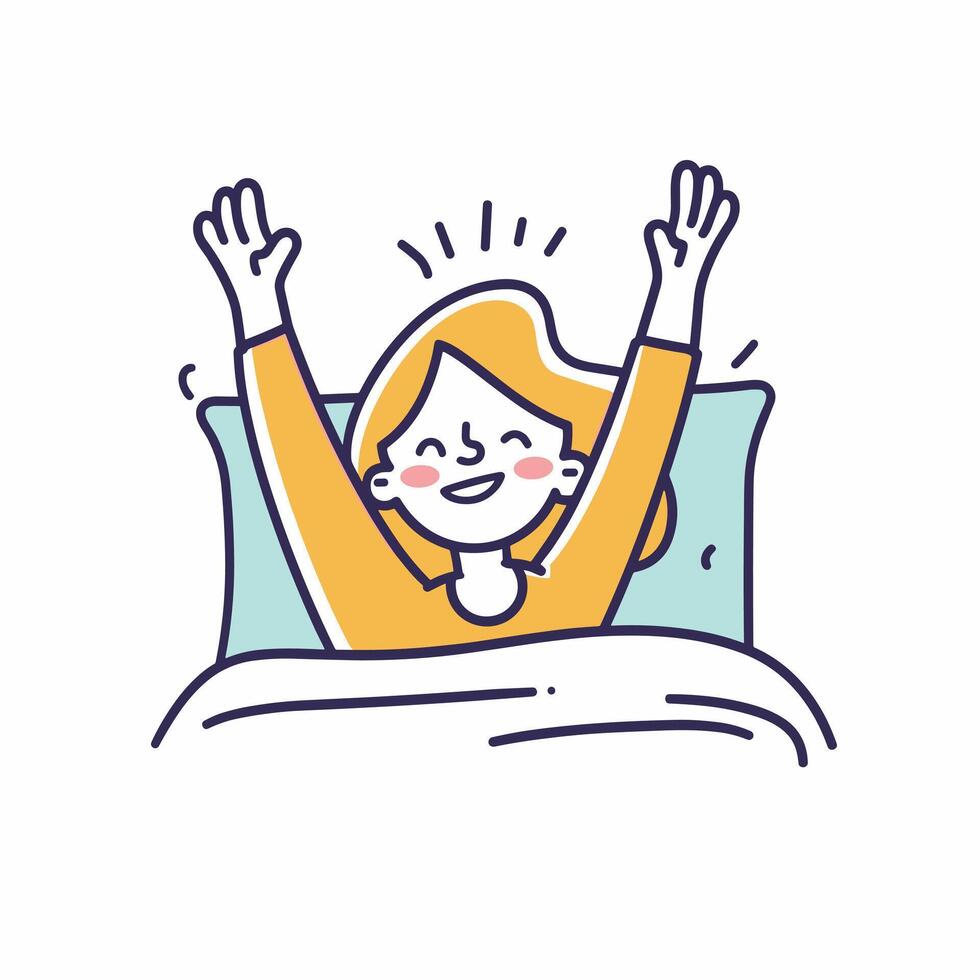 Cheerful cartoon character stretching arms upon waking, expressing joy and energy in a simple, colorful illustration style. vector