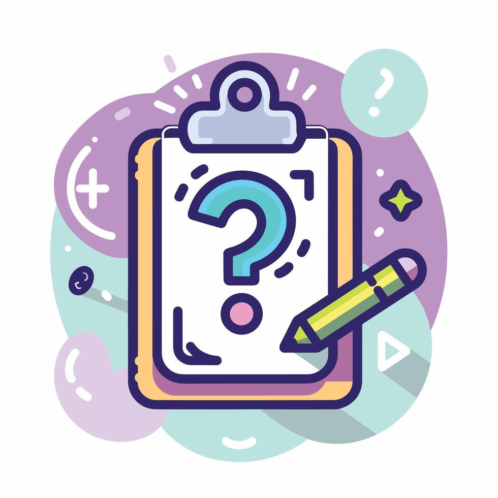 Colorful cartoon illustration of a clipboard with a large question mark, pencil, and playful symbols on a vibrant purple background. vector