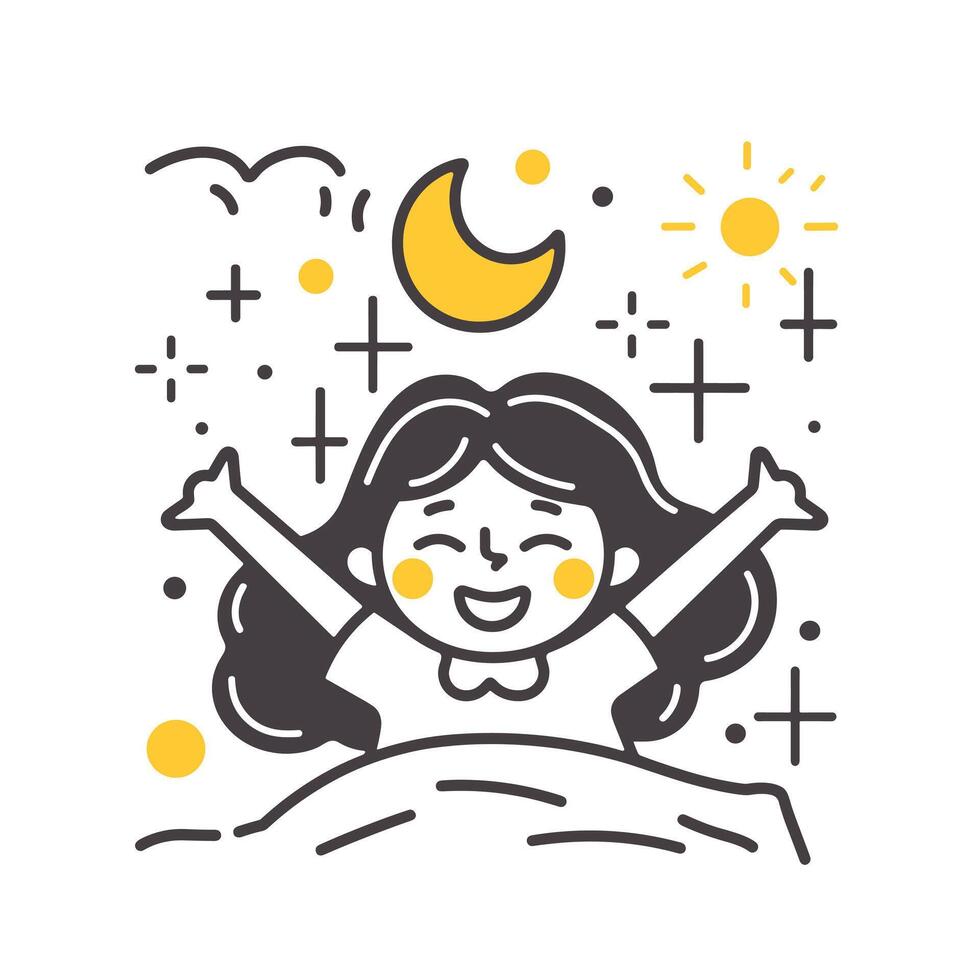 Cheerful cartoon girl waking up happily, surrounded by moon, stars, and sunshine in a whimsical bedtime illustration vector