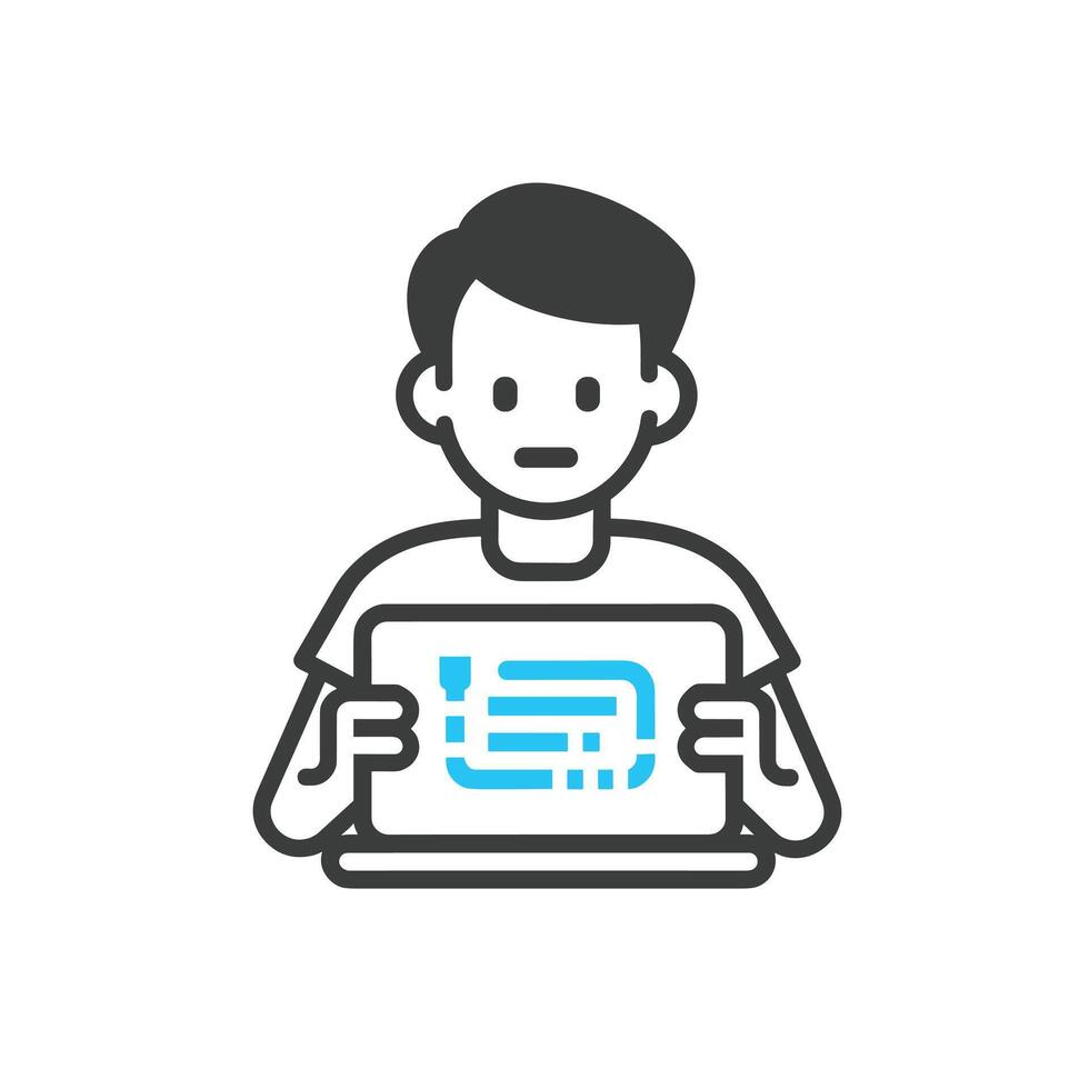 Illustration of a young man holding a tablet with a blue abstract design on the screen, depicted in black and white. vector
