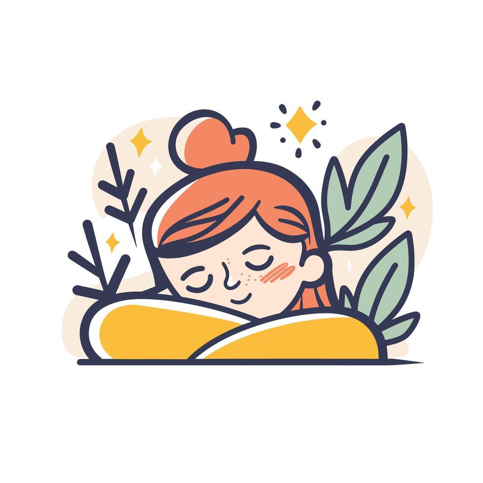 Cheerful cartoon character resting peacefully among whimsical leaves and stars, illustrating relaxation and contentment in a cozy setting. vector
