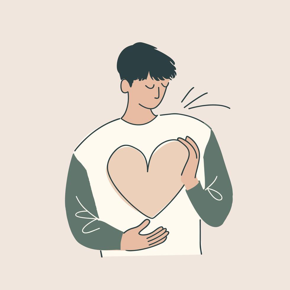 Minimalist illustration of young man embracing heart shape, symbolizing self-love and emotional well-being on neutral background vector
