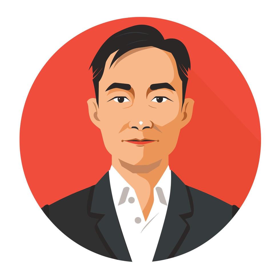 Illustrated portrait of an Asian man in a suit with red background. vector