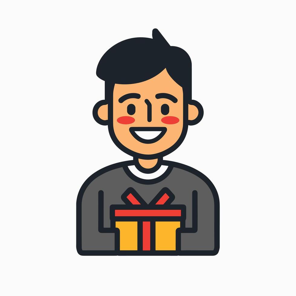 Cheerful cartoon character holding a wrapped gift, expressing joy with a bright smile and rosy cheeks in a minimalist icon style. vector