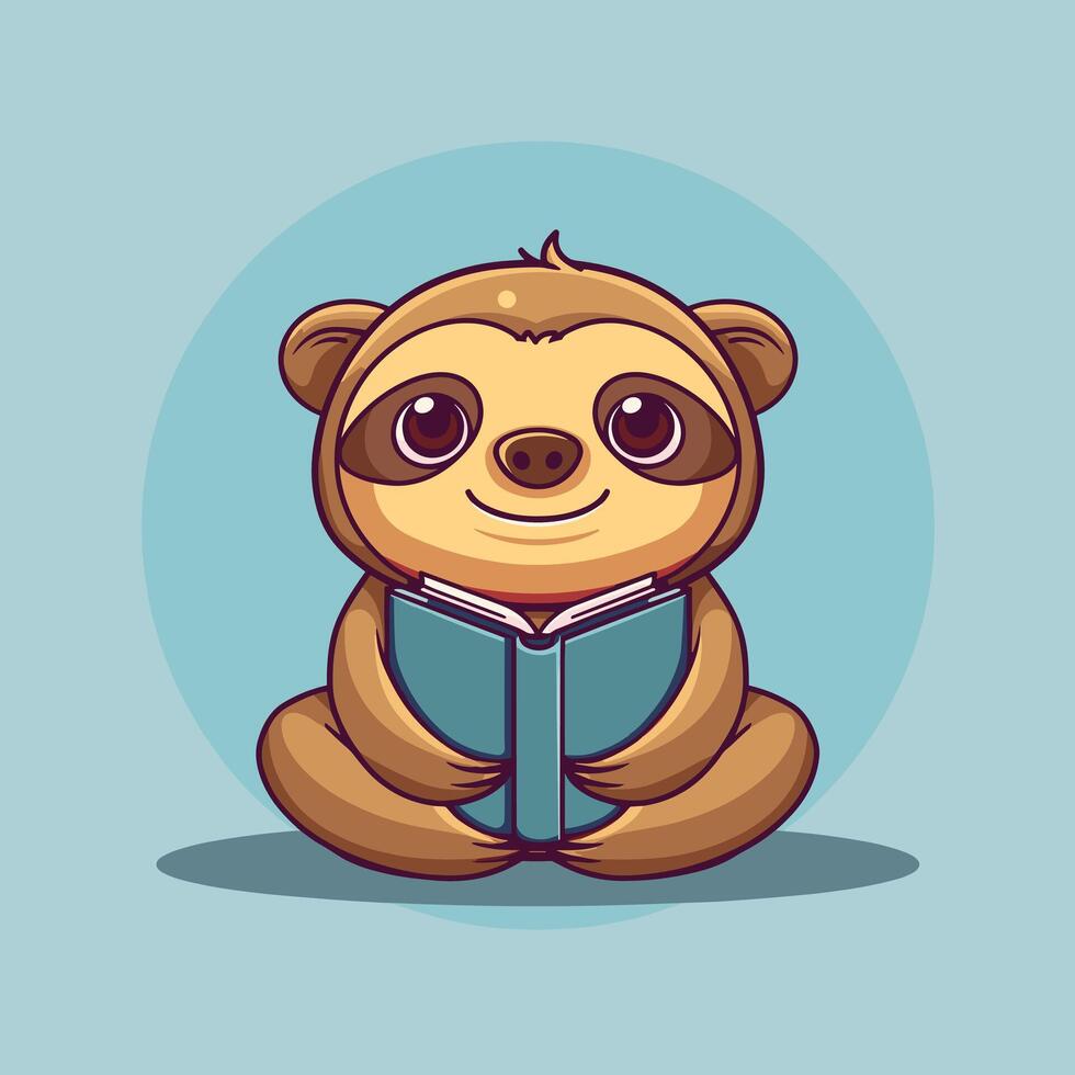Cute cartoon sloth sitting and reading an open book on a blue background. vector