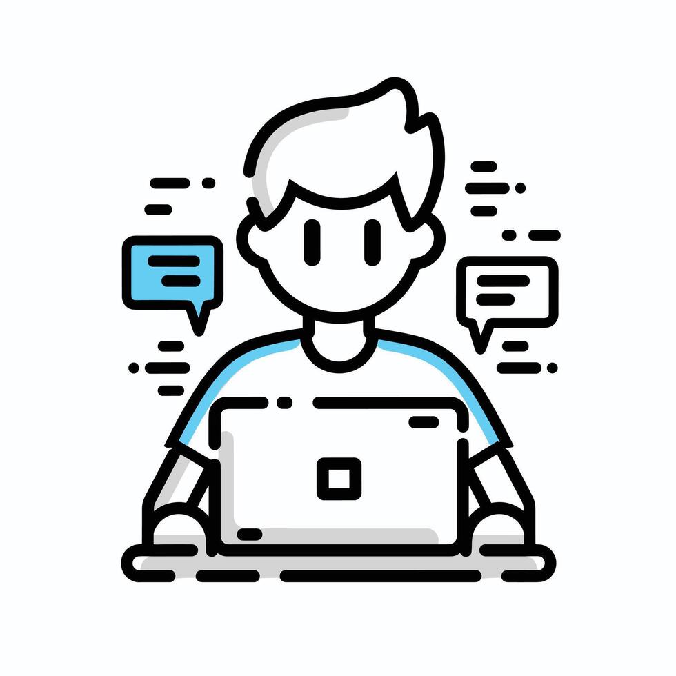 Illustration of a young person sitting at a laptop with chat bubbles, conveying communication and technology. vector