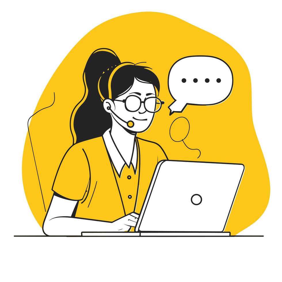 Female customer support representative working on a laptop, wearing a headset, with a speech bubble indicating communication. vector