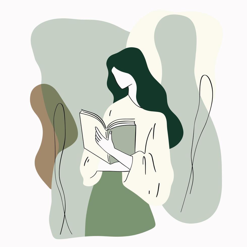 Minimalist illustration of a woman reading a book, depicted in soft green and earth tones with flowing, abstract shapes vector