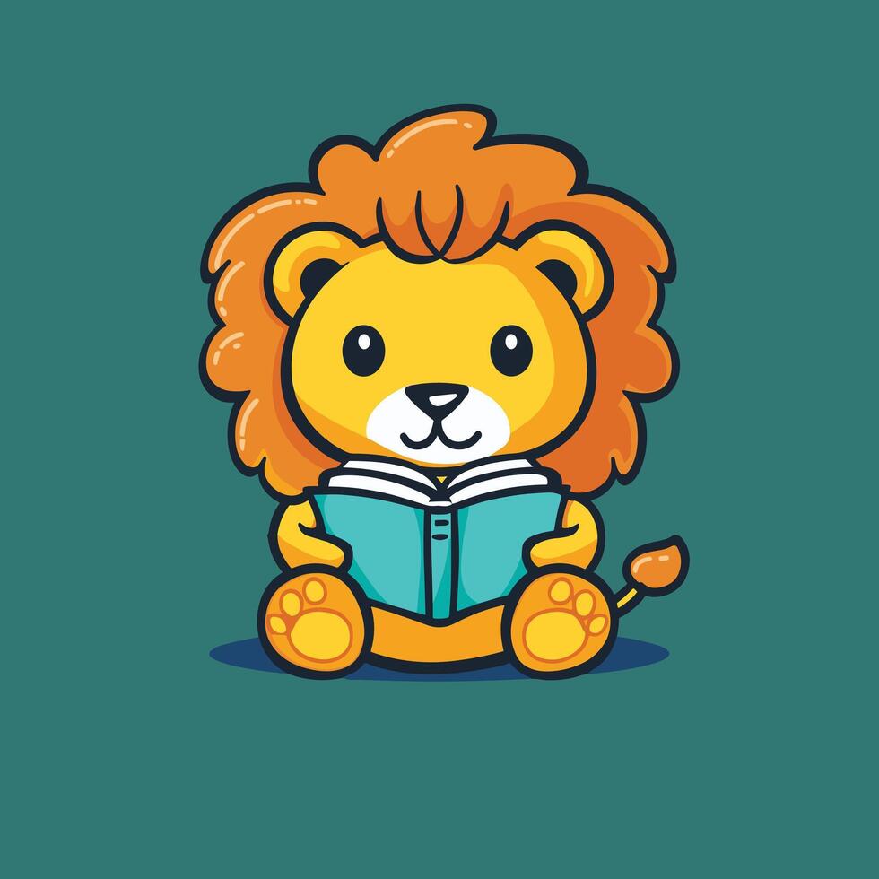 Cute cartoon lion reading a book, sitting with a focused expression. vector