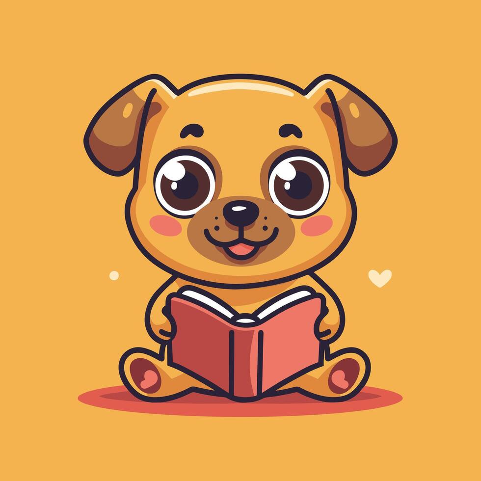Cute cartoon puppy with big eyes reading a book against a yellow background. vector