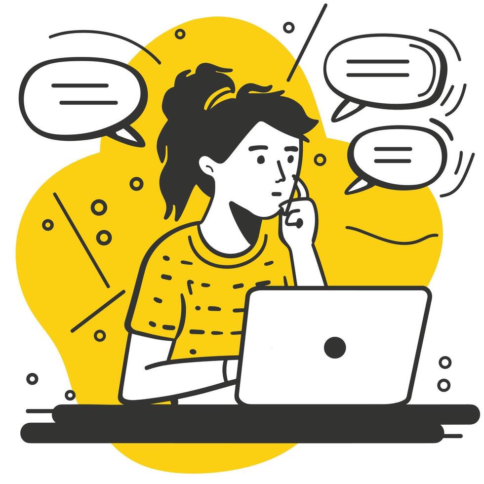 Illustration of a woman focused on her laptop, contemplating ideas shown through speech bubbles. vector