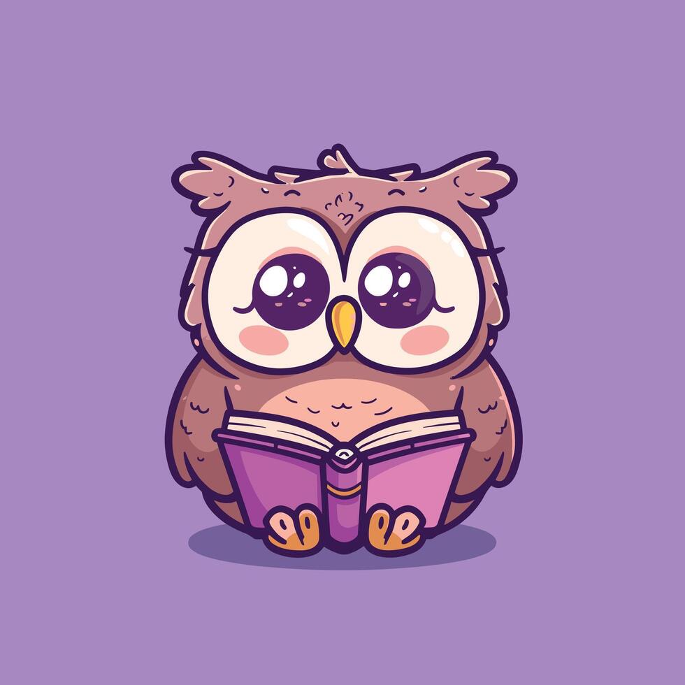 Adorable cartoon owl with big eyes reading a book on a purple background. vector