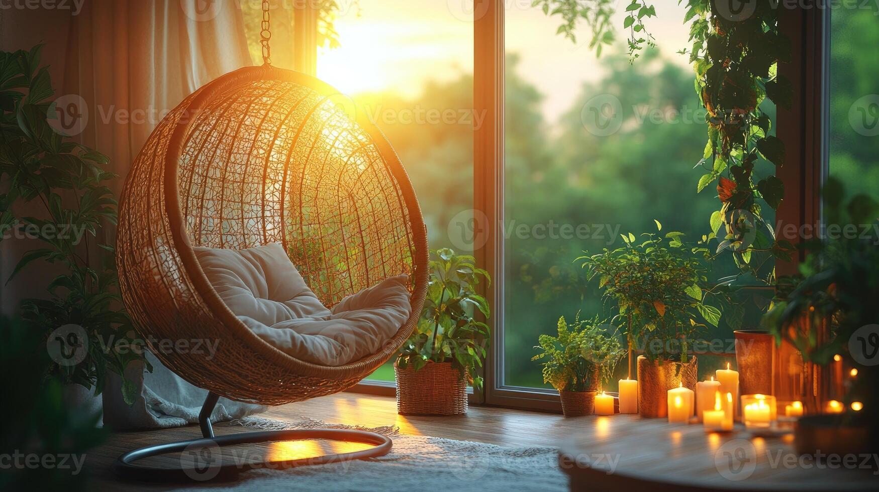 Cozy seating with hanging chair on deck in nature view photo
