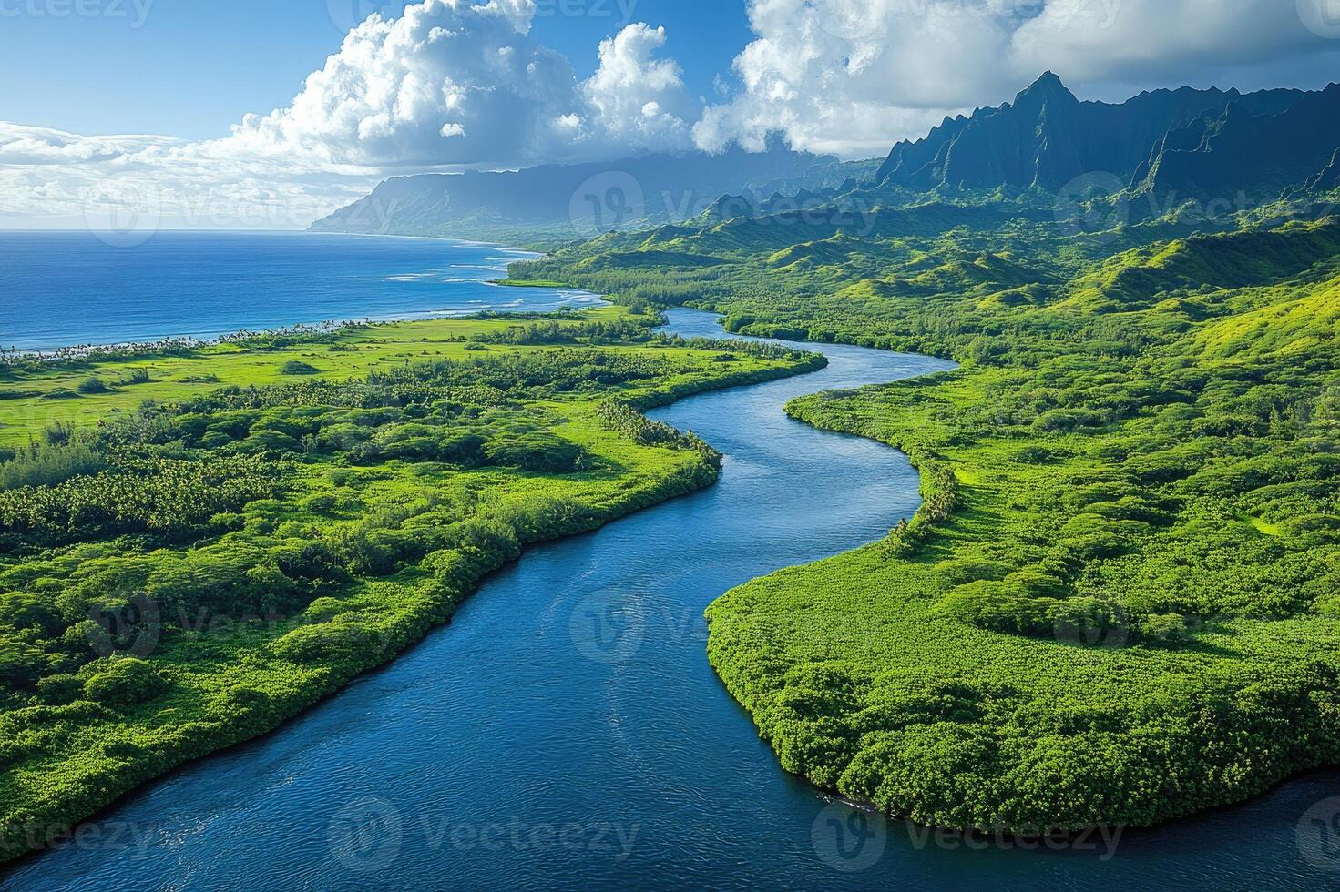 Stunning river flowing through verdant green landscape photo