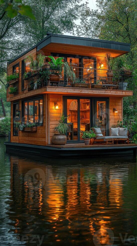 Modern houseboat with plants on a serene water body photo