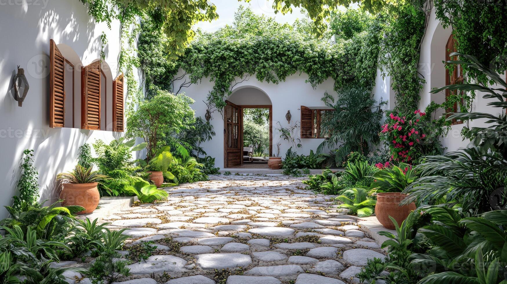 Charming courtyard with lush greenery and rustic charm photo