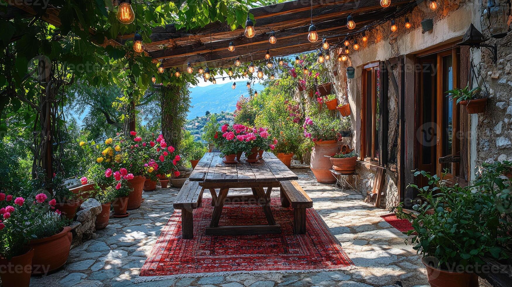 Rustic outdoor patio with dining table and plants. photo