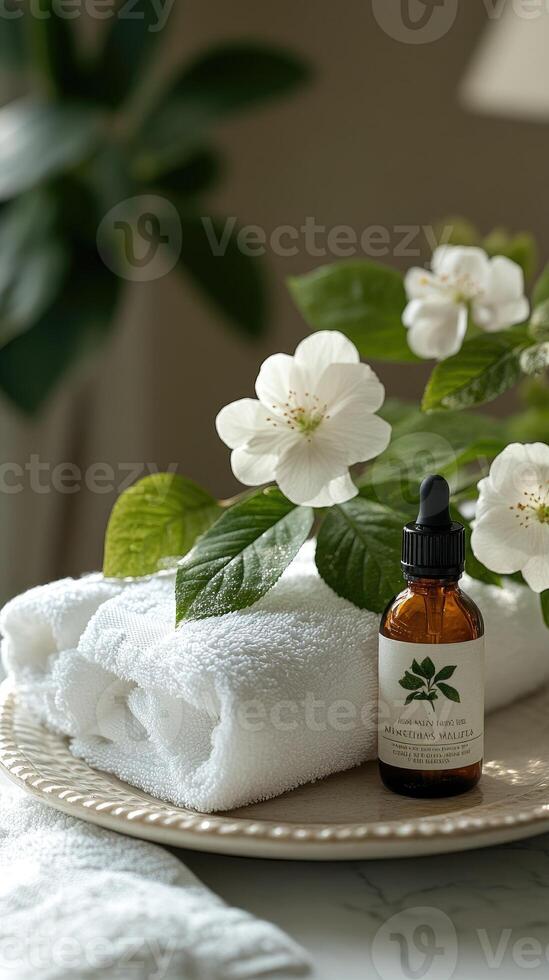 Bottle of oil and flowers on towel for spa treatment photo