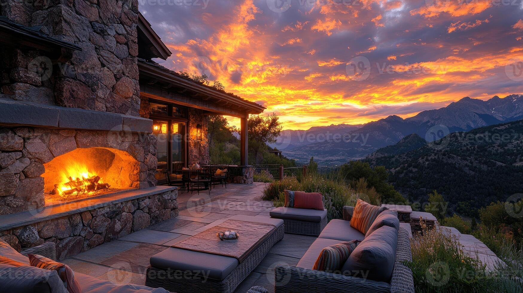 Stone house patio at sunset with fireplace active. photo
