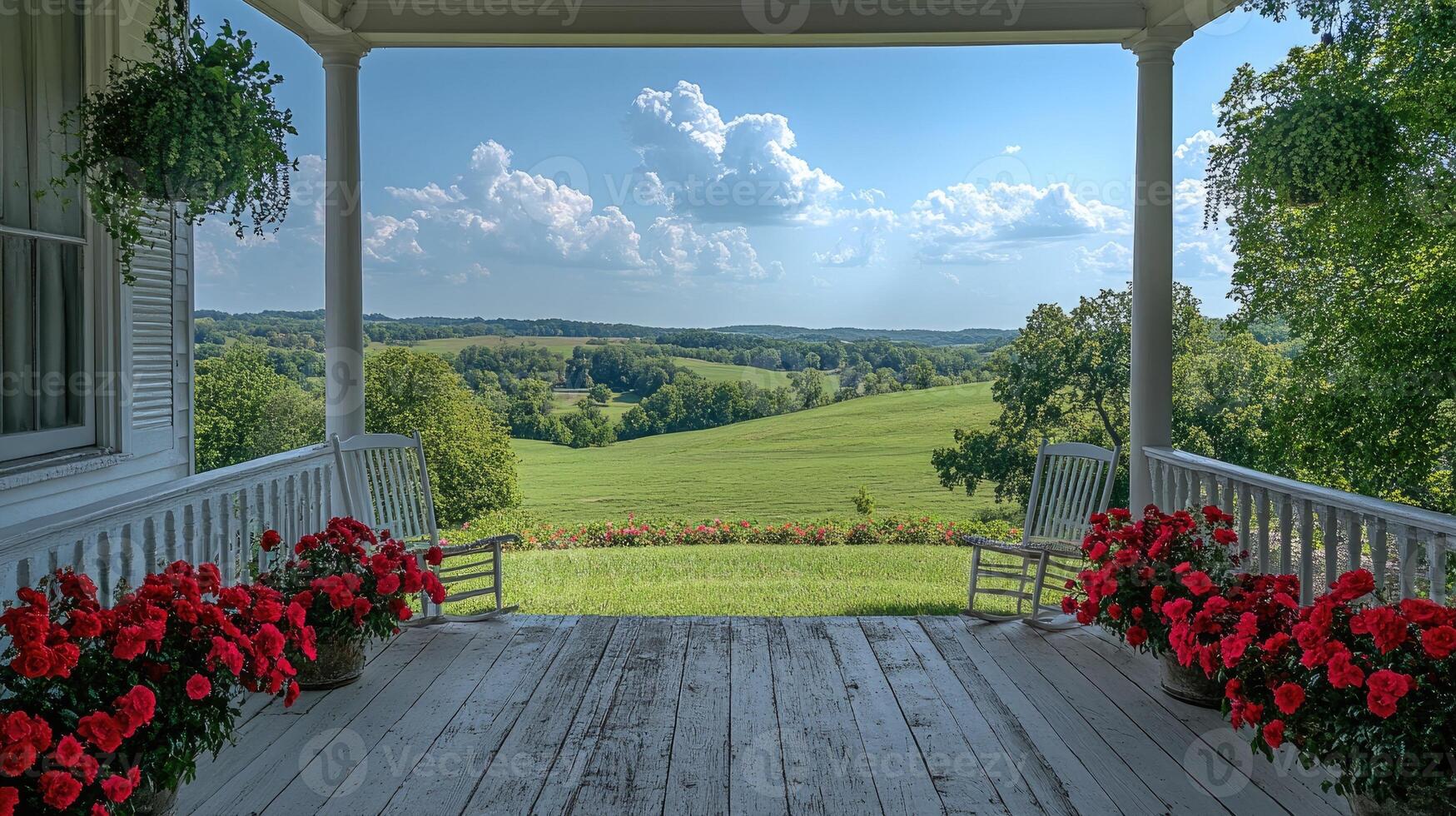 Scenic view from porch with red flowers and green fields. photo