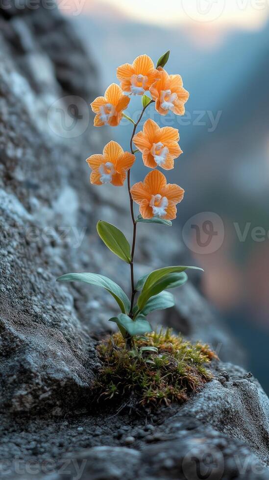 Yellow orchids blooming under the rain in a lush forest photo
