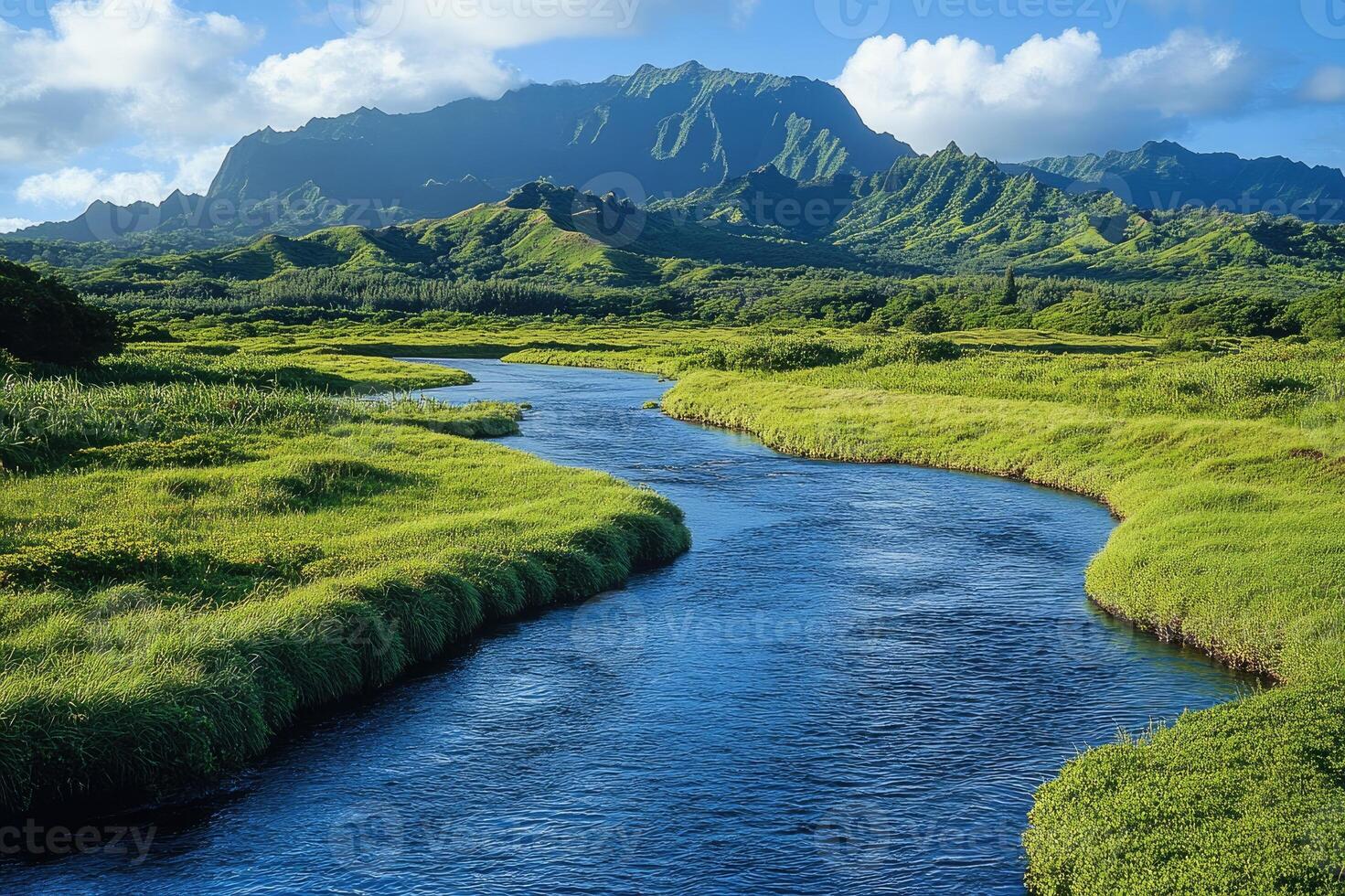 Stunning river flowing through verdant green landscape photo