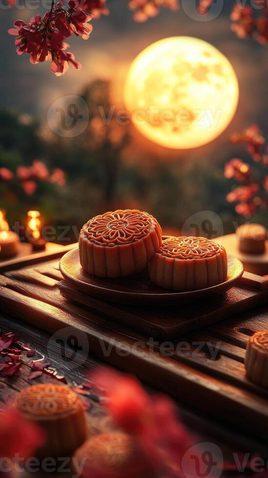 Stack of mooncakes with glowing full moon in background photo