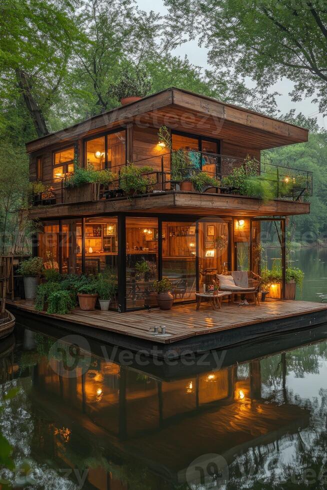 Modern houseboat with plants on a serene water body photo