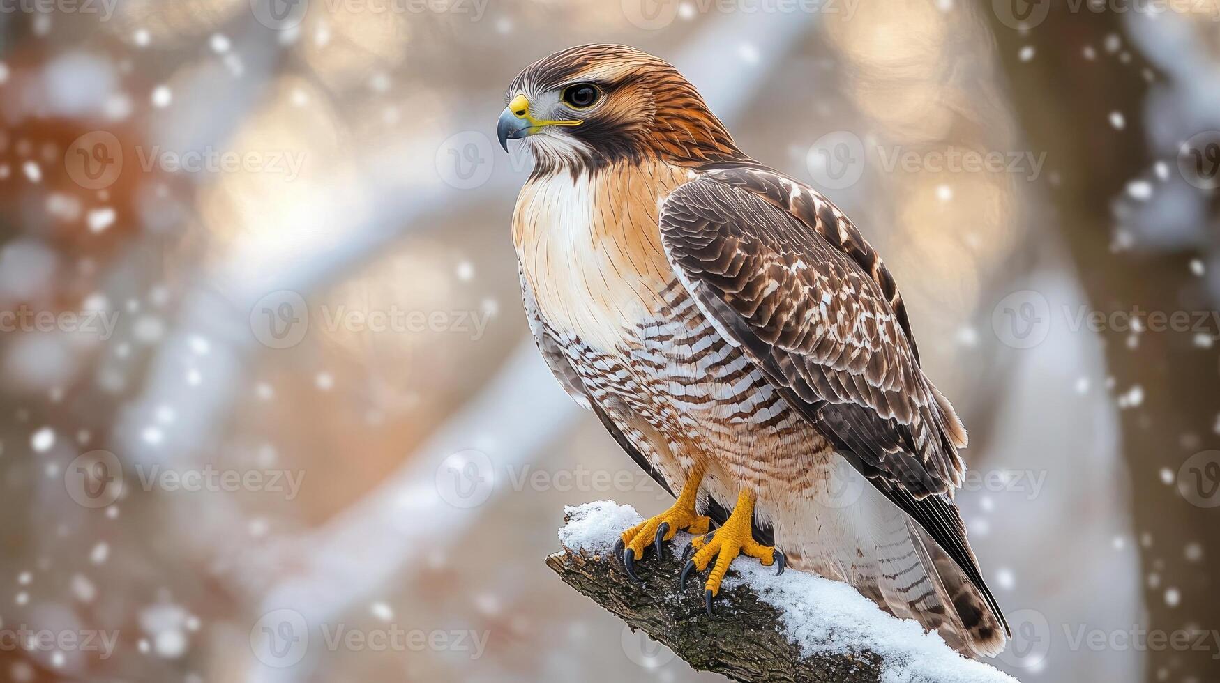 Red tailed hawk perched on a snow covered branch during snowfall photo
