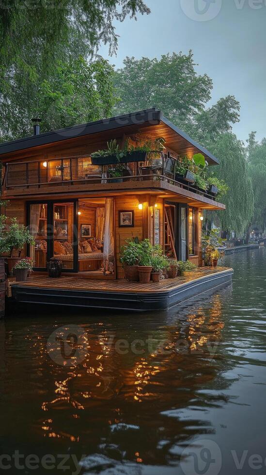 Modern houseboat with plants on a serene water body photo