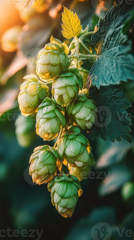 Common hop growing in a field at sunset illuminating the cones photo