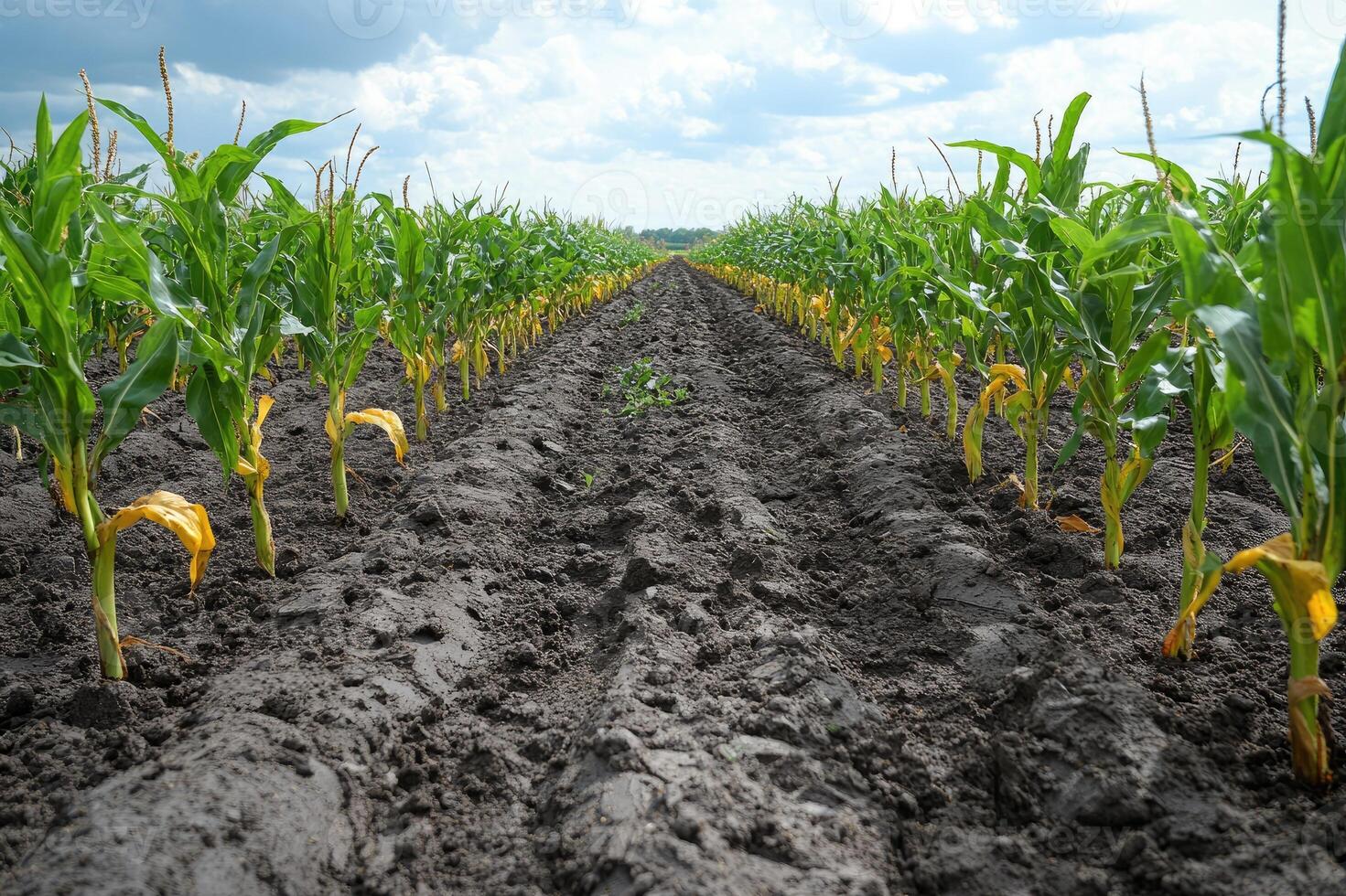 Dry cracked soil arid land between crops rows during drought photo