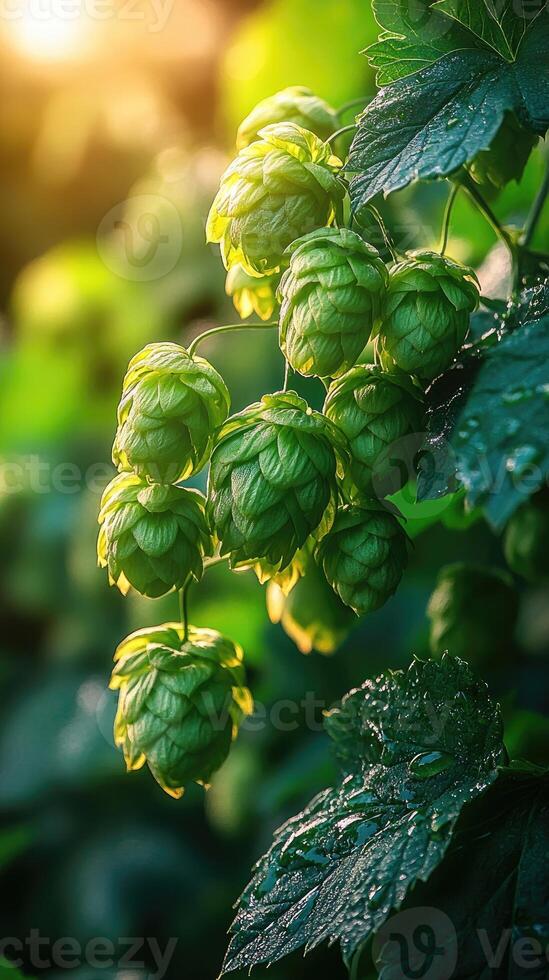 Common hop growing in a field at sunset illuminating the cones photo