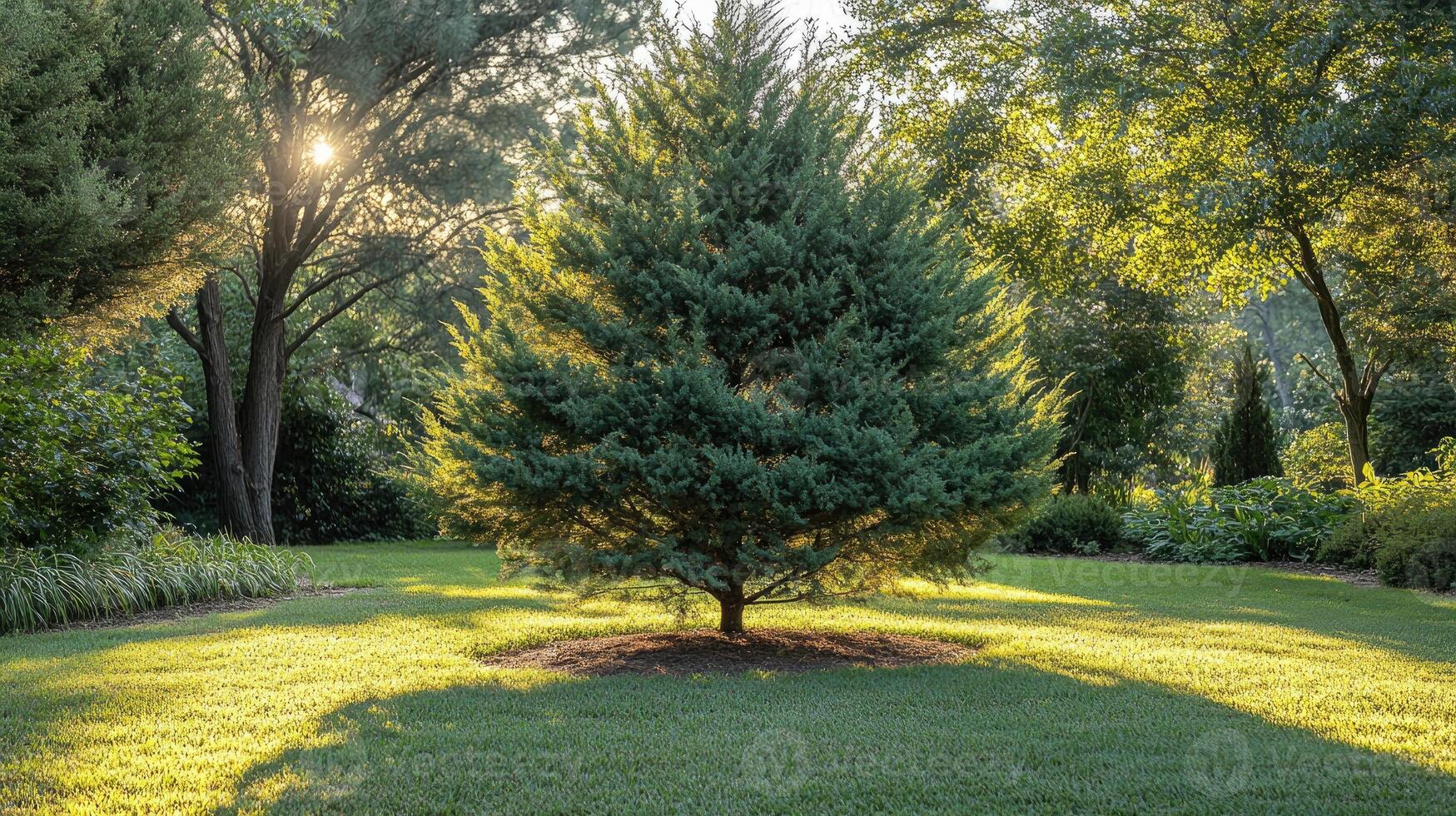 Single pine tree standing on grass in a garden setting at sunset photo