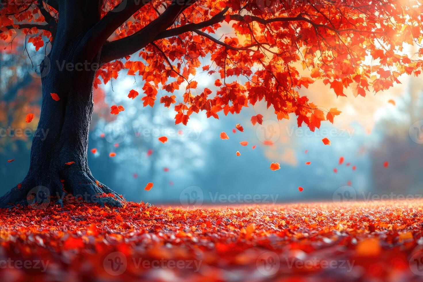 Beautiful autumn landscape covered with orange leaves photo