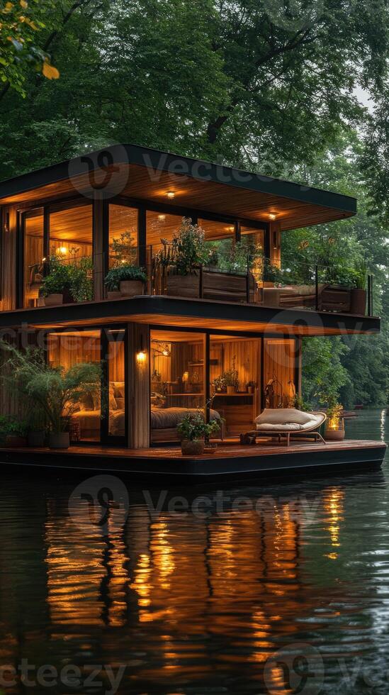 Modern houseboat with plants on a serene water body photo