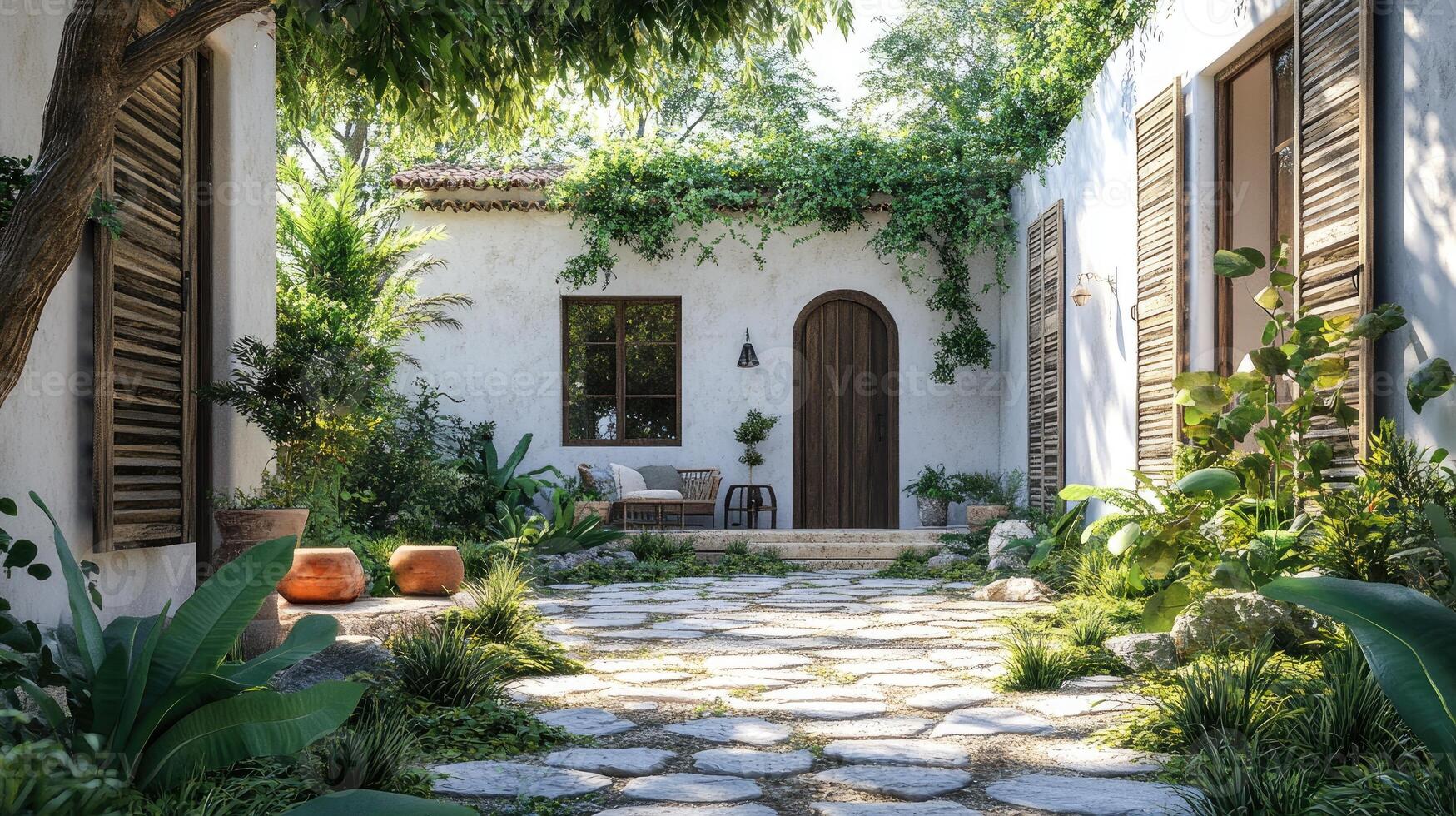 Charming courtyard with lush greenery and rustic charm photo