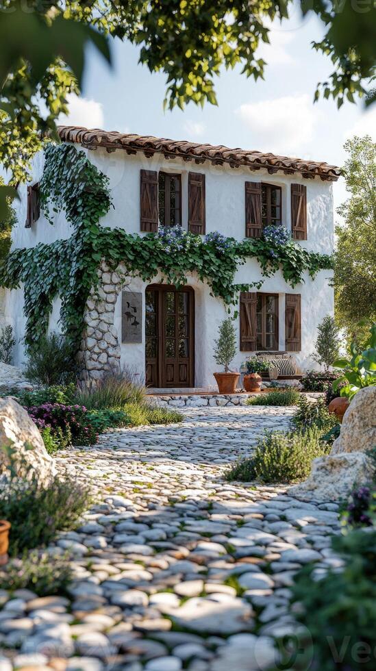 Charming rustic house with greenery and stone pathway photo