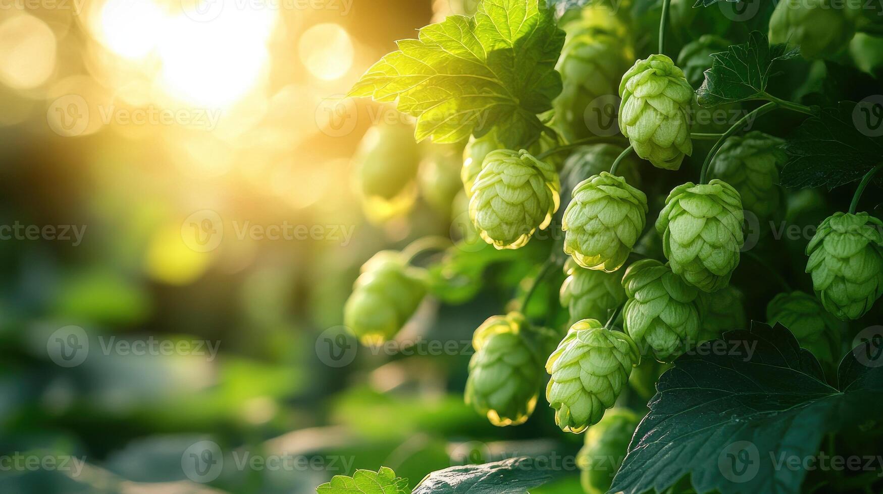 Common hop growing in a field at sunset illuminating the cones photo