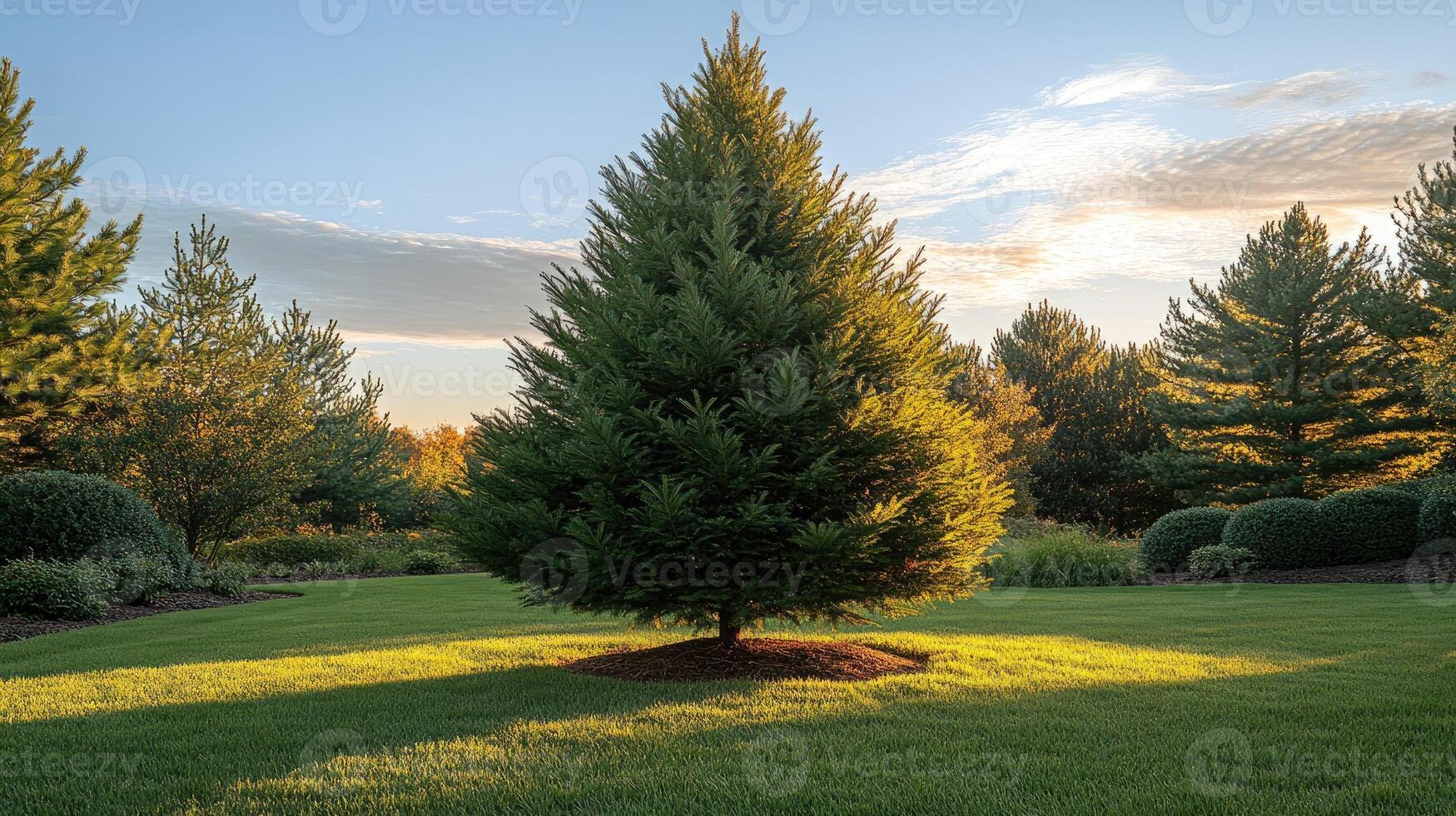 Single pine tree standing on grass in a garden setting at sunset photo