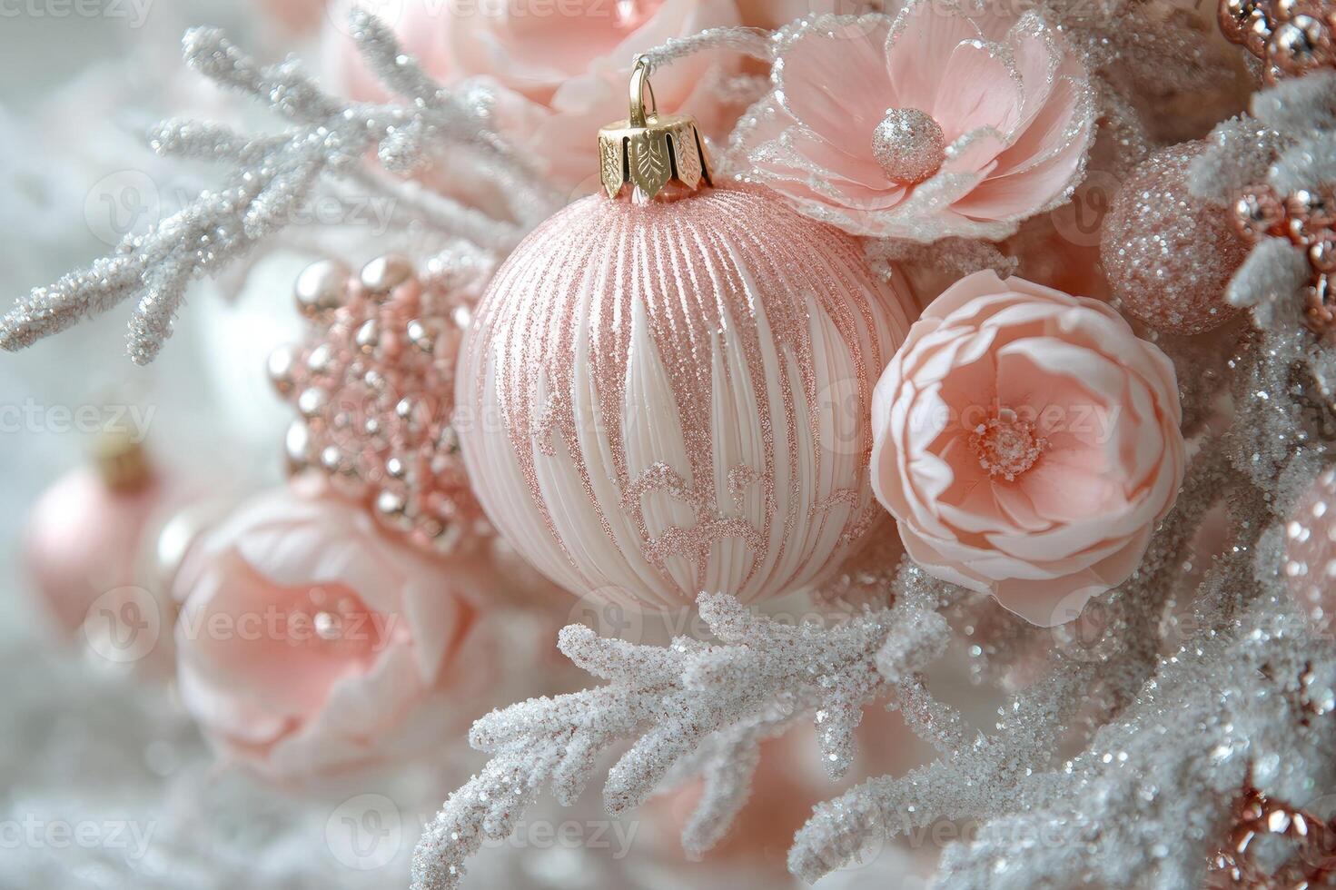Luxurious pink and white Christmas baubles in snow photo