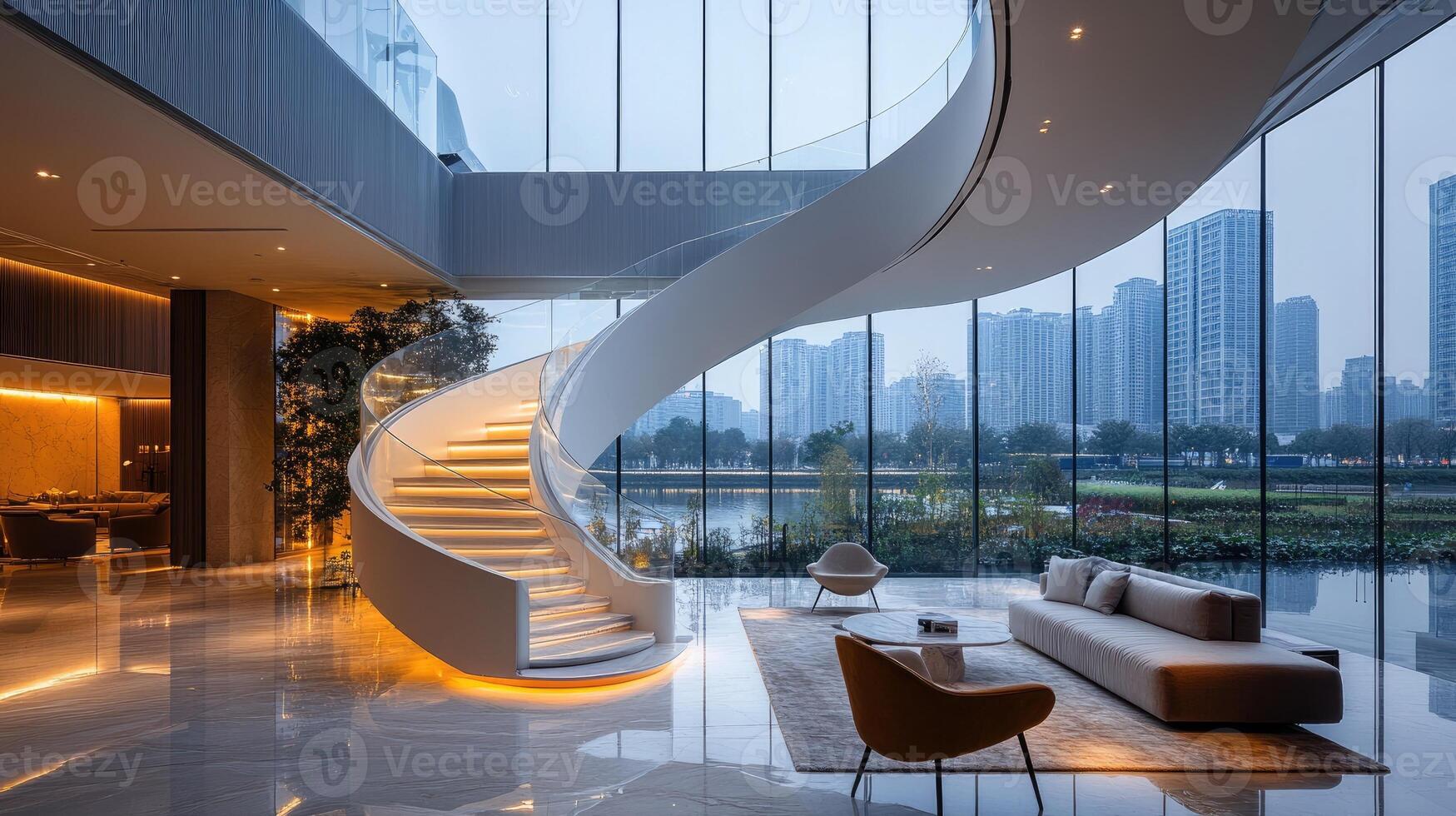 Modern hotel lobby interior with curved staircase leading to upper floor photo
