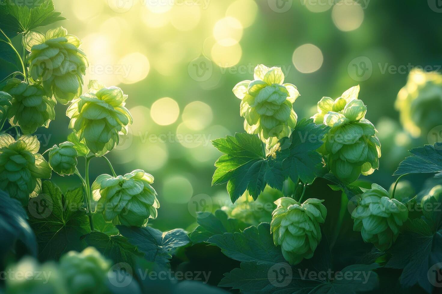 Common hop growing in a field at sunset illuminating the cones photo