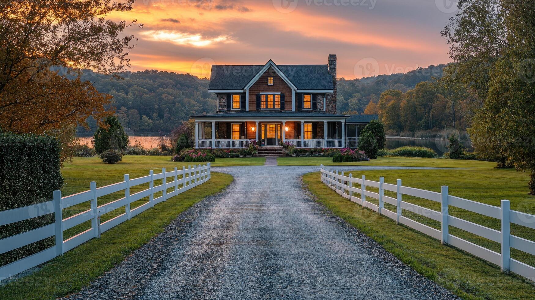 Gravel driveway leading to classic white southern style home at sunset photo