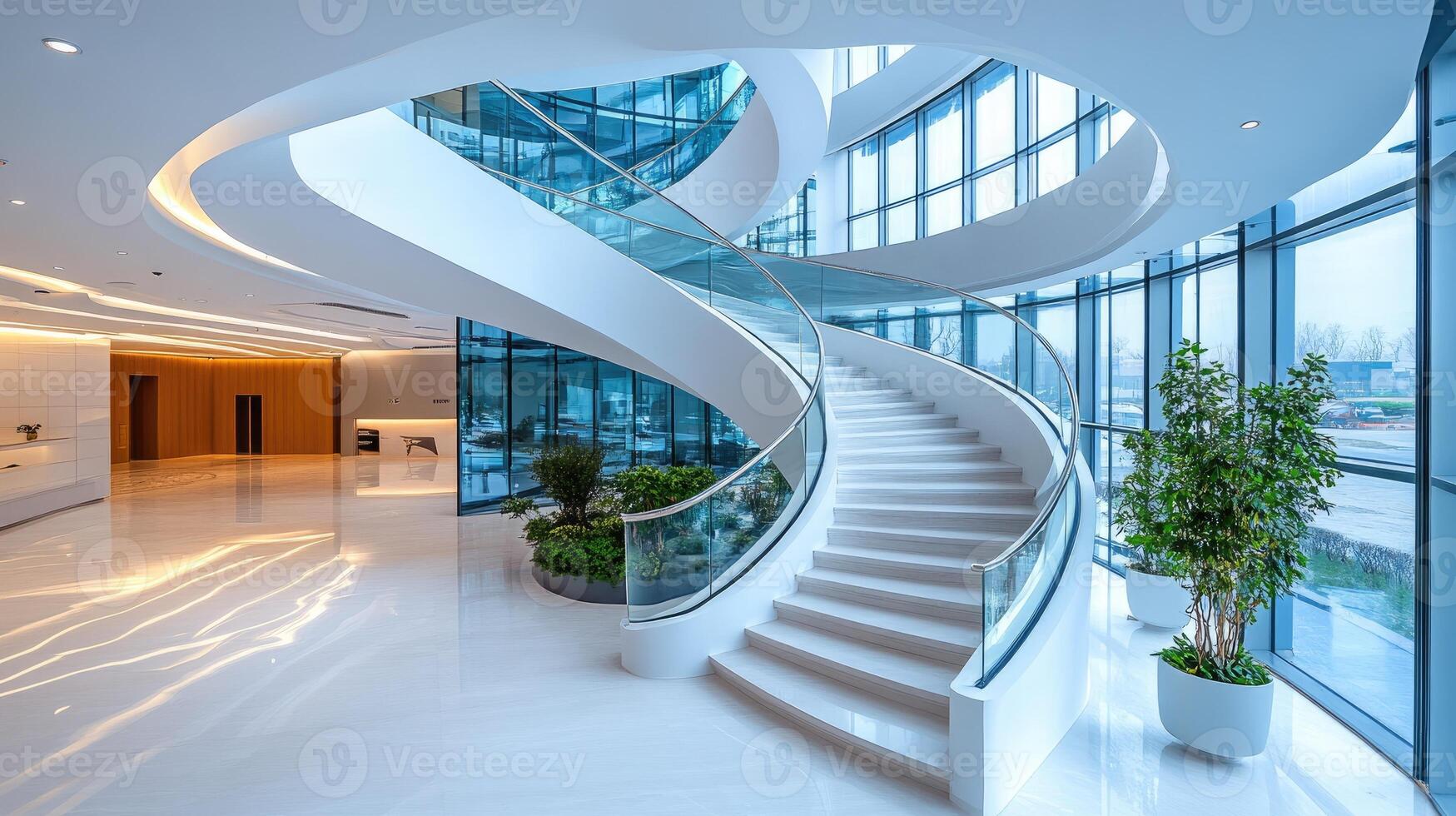 Modern hotel lobby interior with curved staircase leading to upper floor photo