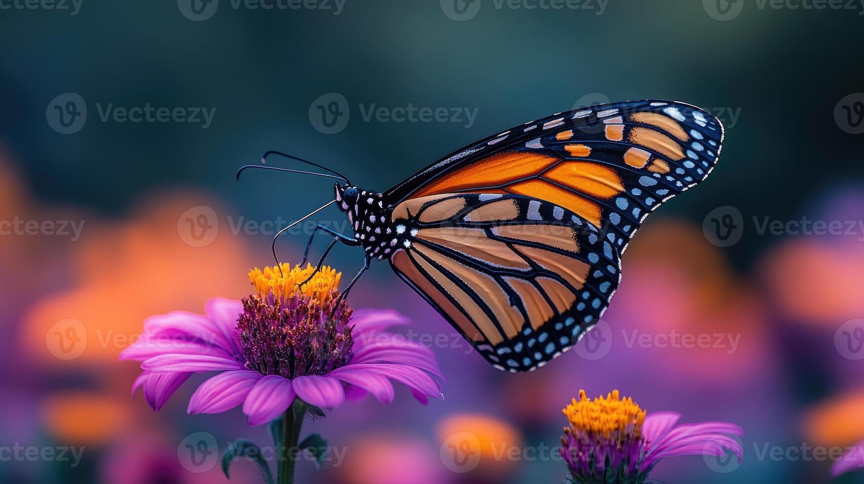 Monarch butterfly perched on a purple flower gathering nectar photo