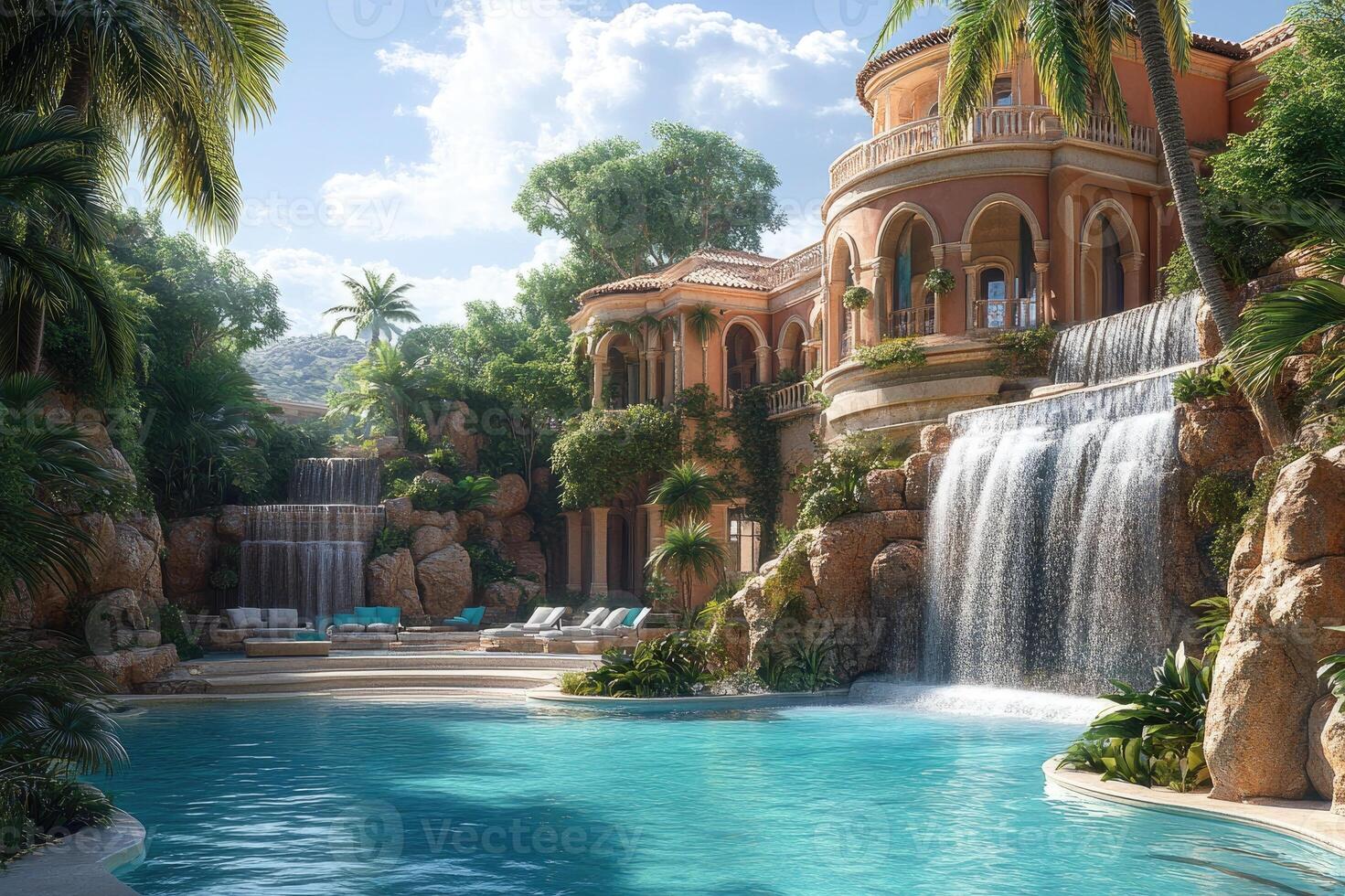 Luxury villa with infinity pool overlooking tropical jungle and waterfall photo