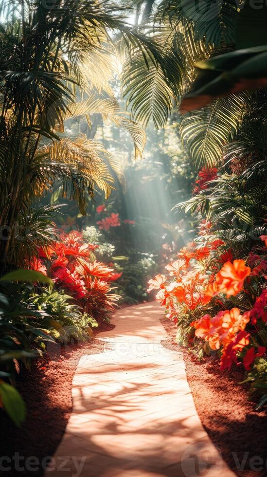 Cobblestone path winding through a lush garden bathed in sunlight photo